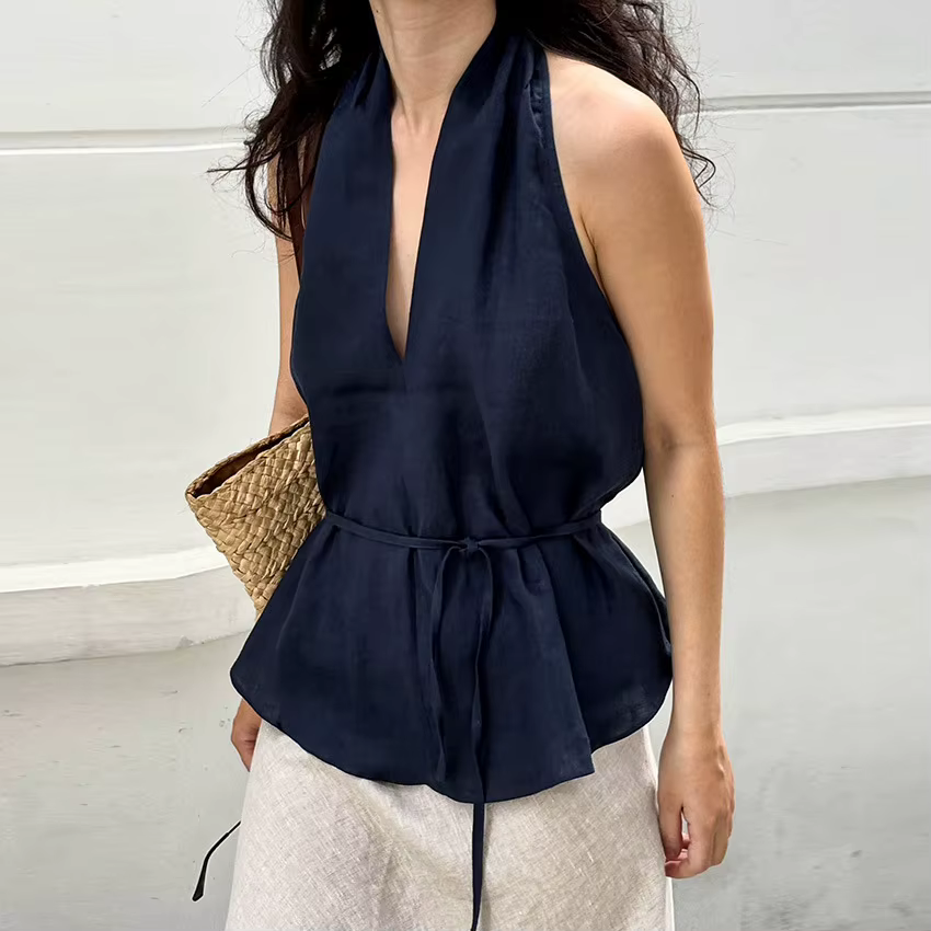 Débardeur Chic et Décontracté pour Femme, Col en V Profond, Dentelle, Style Urbain, Bleu Marine, San