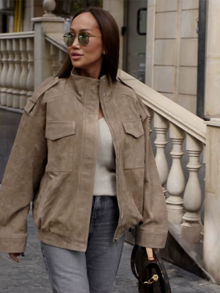 HH femmes rue décontracté solide daim pardessus vestes col montant fermetures éclair manteaux amples