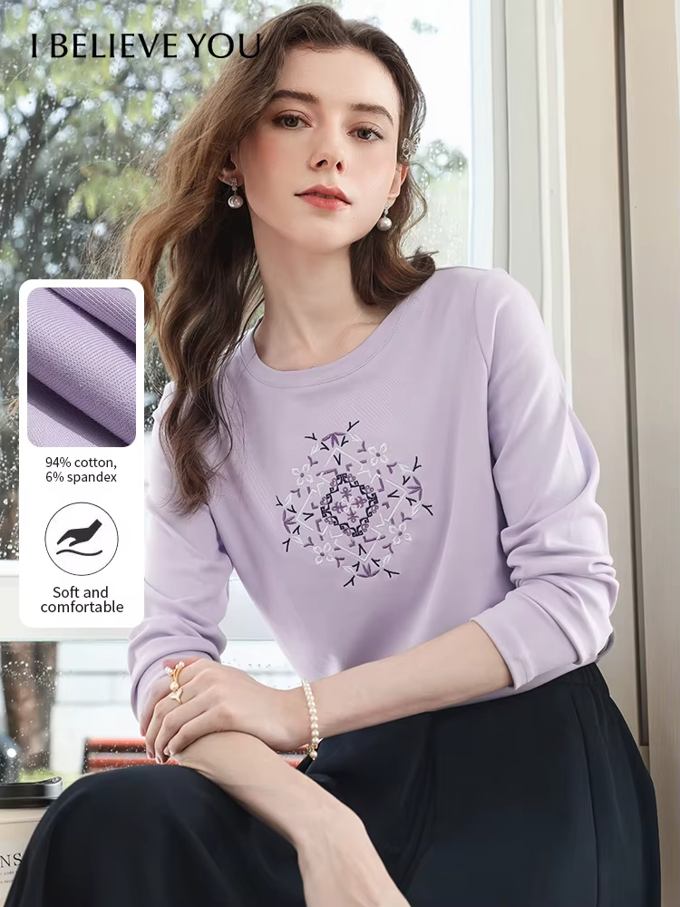Je crois que vous T-shirt brodé à manches longues pour femmes 2025 automne violet mince haut décontr