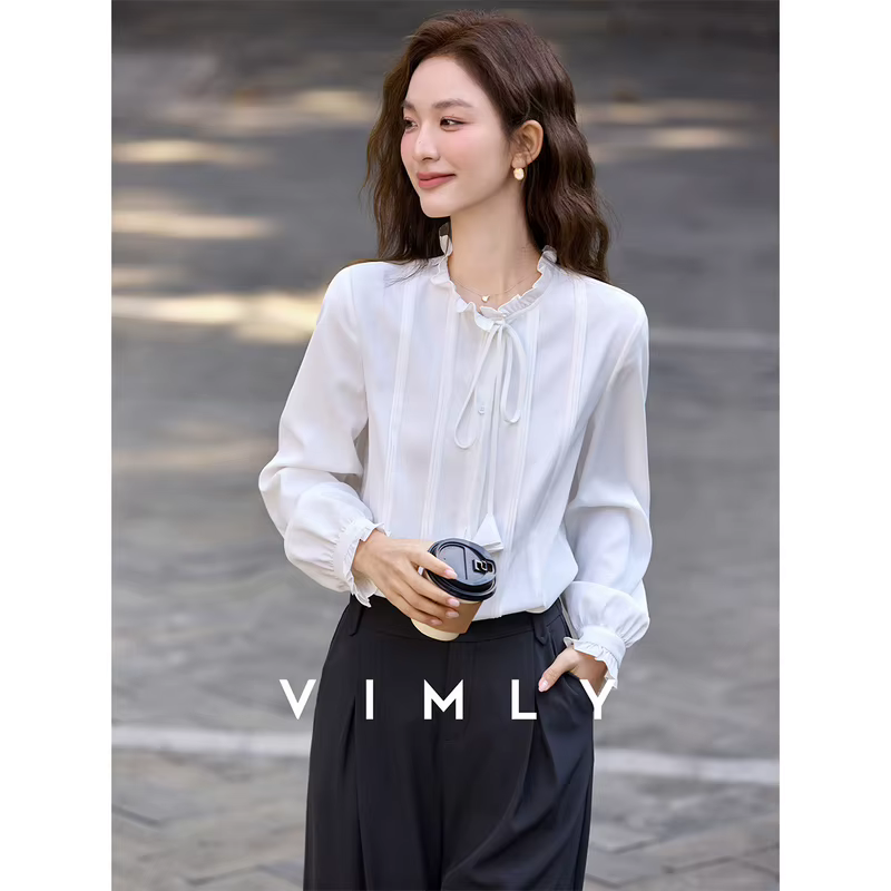 Chemisier blanc VIMLY pour femme, nouvelle collection Printemps-Automne 2026, col noué à bord feston