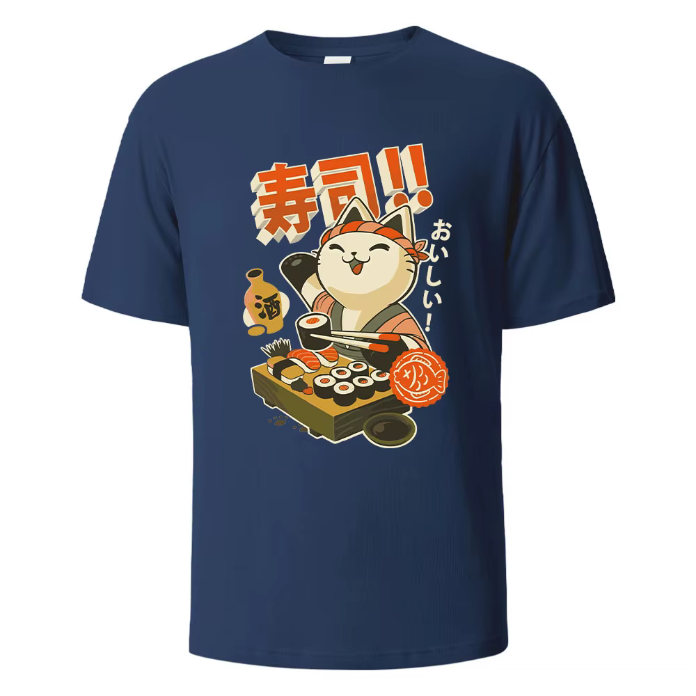 Sushi chat imprimé t-shirts 100% coton t-shirts d'été pour hommes femmes surdimensionné décontracté 
