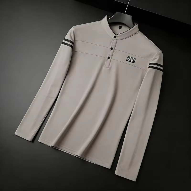 Polo essentiel à manches longues pour homme, bleu marine, avec col mandarin – Vêtement basique toute