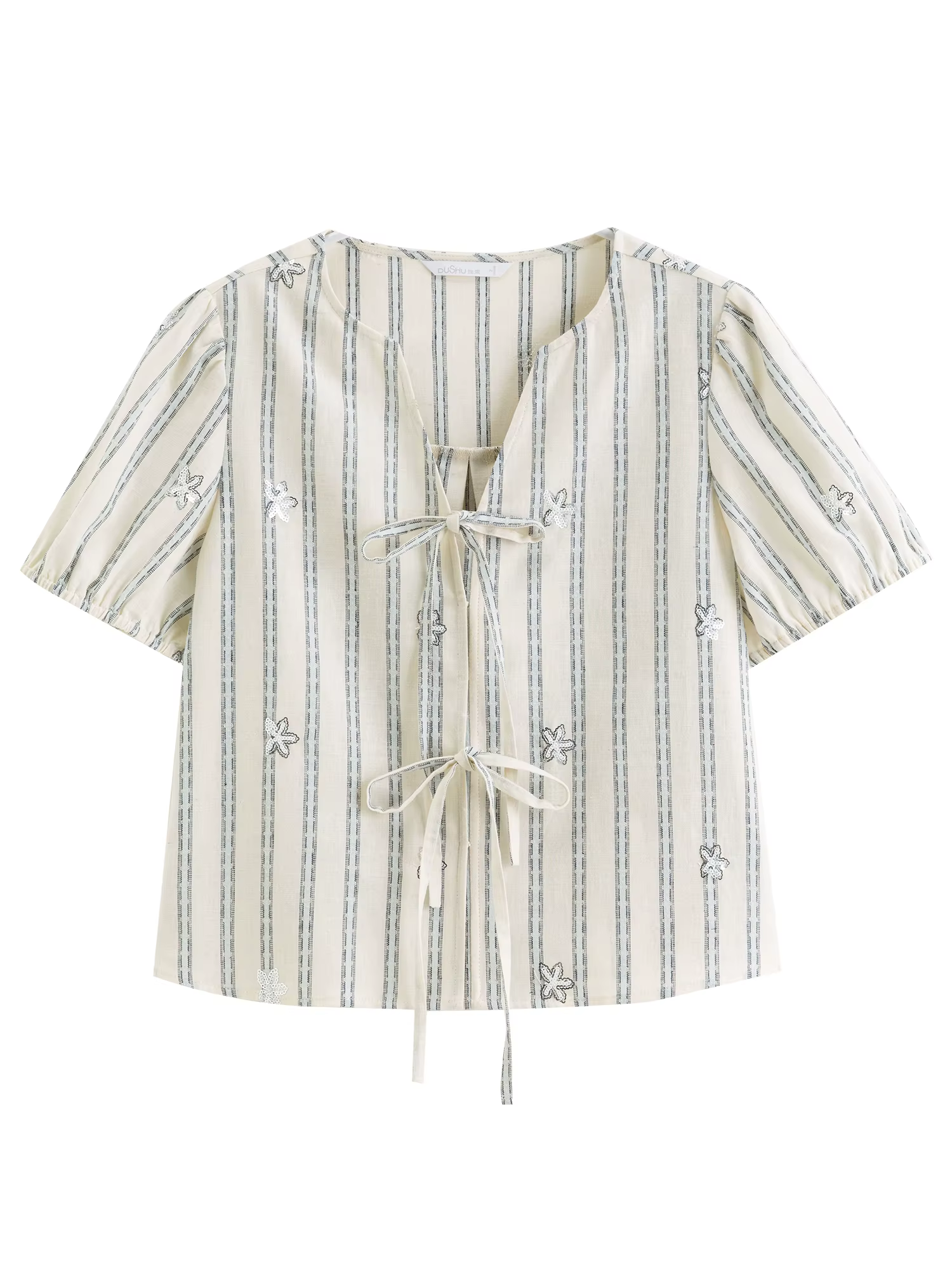 DUSHU 2026 Nouvelle Blouse d'été rayée à col en V et manches courtes pour femme, Top en lin et coton