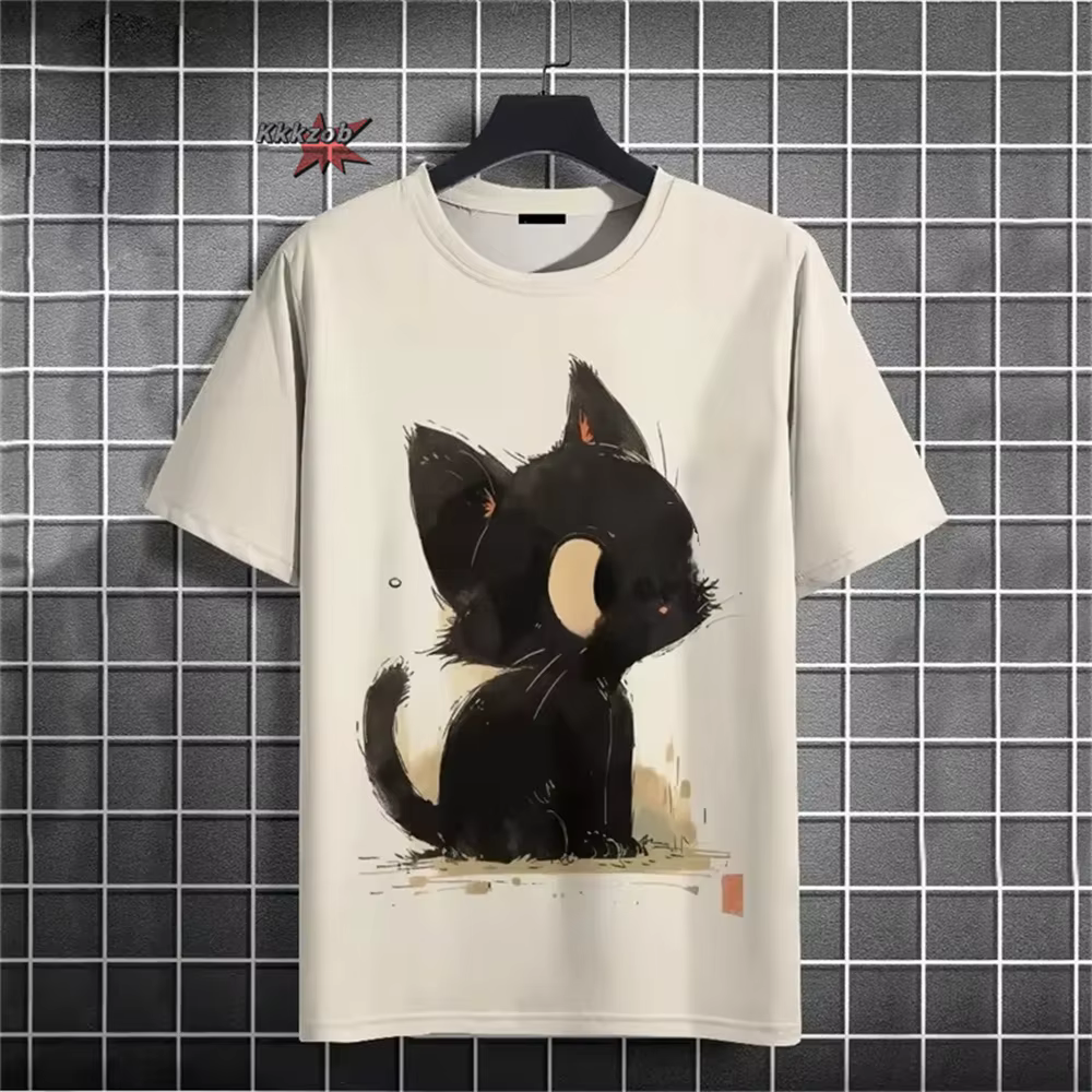 Japonais Ukiyo-E motif de chat mignon col rond hommes à manches courtes quotidien surdimensionné T-S