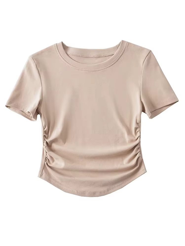 T-Shirt à Manches Courtes et Col Ras du Cou pour Femme, en Coton, avec Côtés Froncés, Style Harajuku