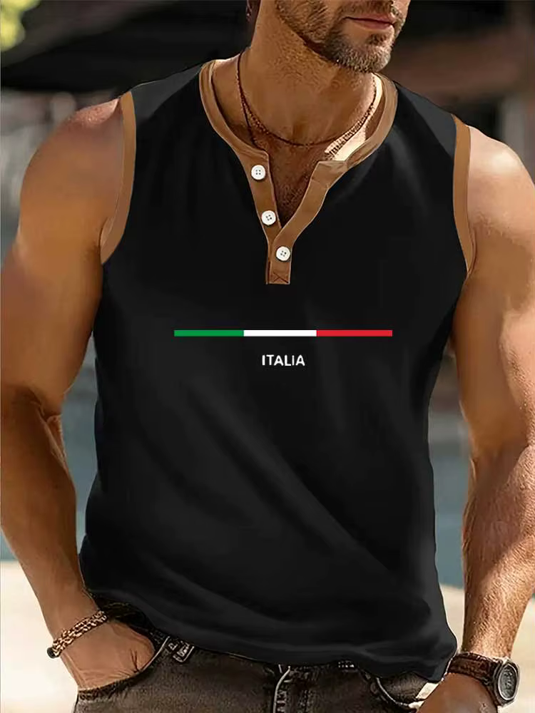 Débardeur Henley Homme à Bordures Contrastantes Imprimé Été Respirant Sans Manches Gilet Musculaire