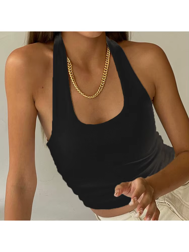 Débardeur blanc dos nu pour femmes, col licou, Sexy, Streetwear, sans manches, en tricot côtelé, hau
