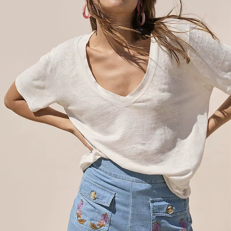 75% coton femmes T-shirt Sexy col en v à manches courtes t-shirts et chemisiers haut pour femme jeun