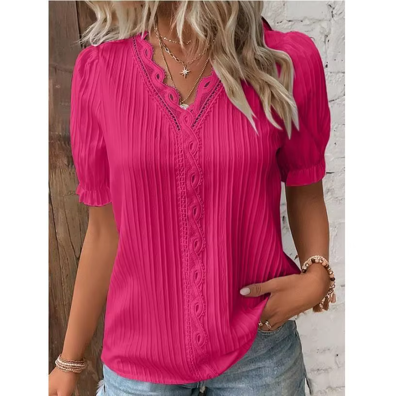 Chemisier élégant à manches courtes pour femme, chemise col en V, patchwork de dentelle, été