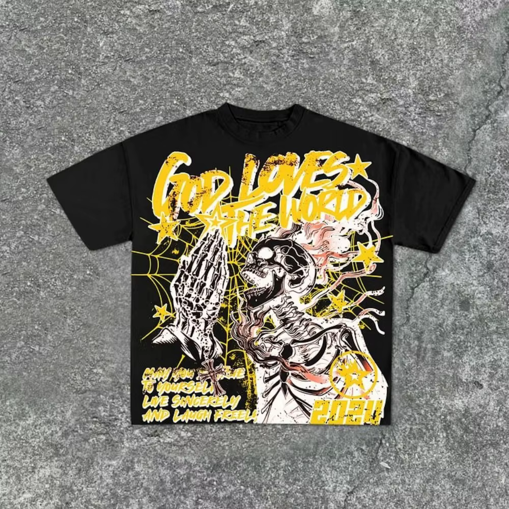 T-shirt col rond pour hommes, style à la mode, imprimé tête de mort, confortable et respirant, haut