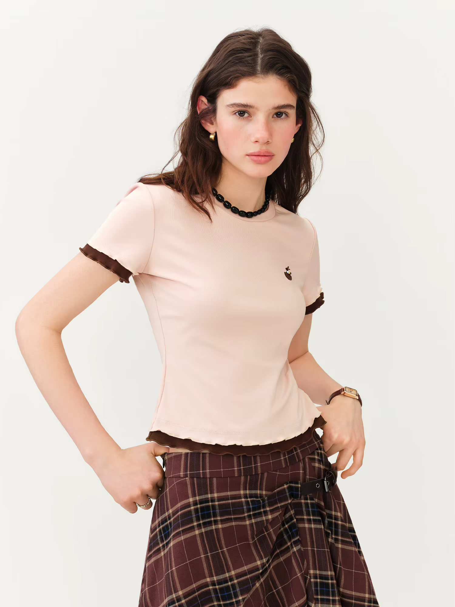 T-shirt à manches courtes en coton FSLE pour femme, effet deux pièces, couleur contrastante, style «