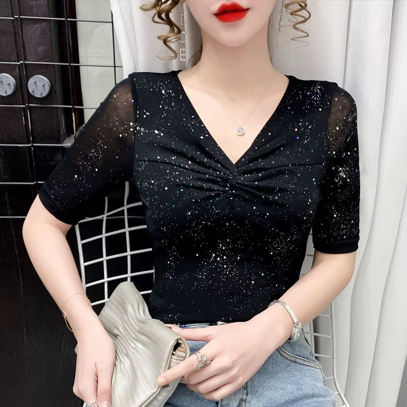 Femmes à manches courtes maille T-shirt été brillant fond haut décontracté brillant soie plissée che