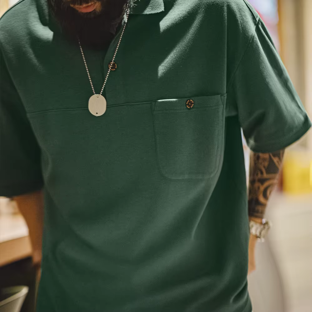 Maden nouveau Vintage vert revers à manches courtes Polo hommes été coupe ample décontracté poche T-