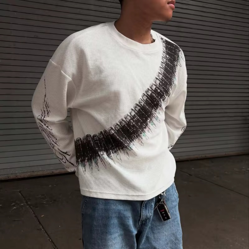 2025 Nouveau y2k Bullet Lettre Imprimé Américain Rétro Manches Longues T-shirt Street Style Casual L