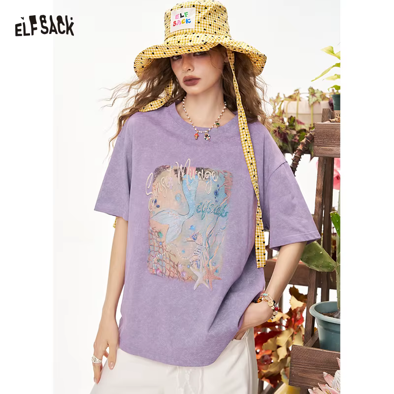 ELFSACK T-shirt surdimensionné à imprimé sirène pour femme, tee-shirt violet délavé vintage avec mot