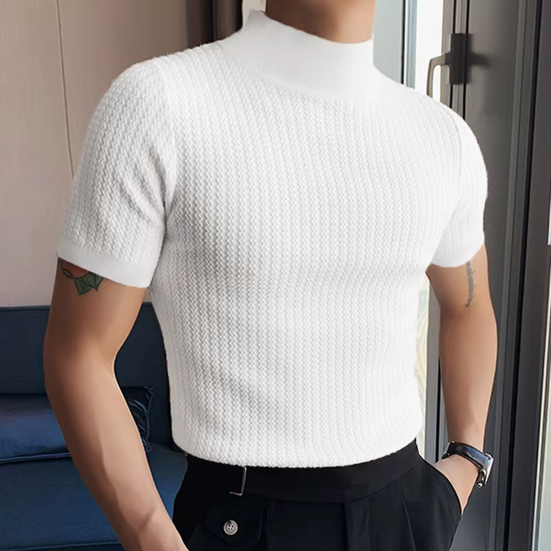 T-shirt moulant à manches courtes et col haut, Streetwear décontracté, texturé, couleur unie, à la m