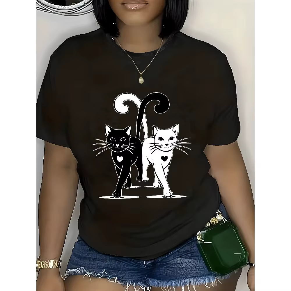 T-shirt imprimé chat pour femme T-shirt à manches courtes pour femme Vêtements décontractés conforta