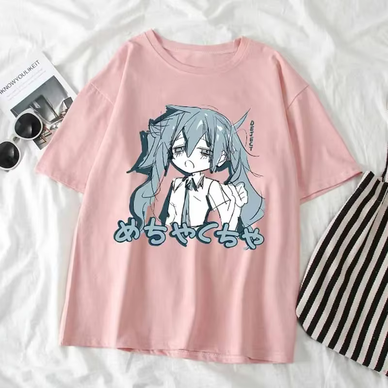 Japonais Y2K Anime Femmes T-shirt Coton Lâche Streetwear T-shirts Occasionnels Grande Taille à manch