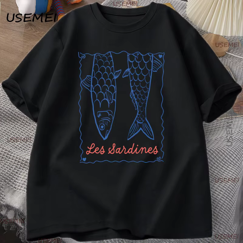 À la mode Sardines T-Shirt esthétique poisson T-Shirt été à manches courtes côtier T-Shirt océan hom