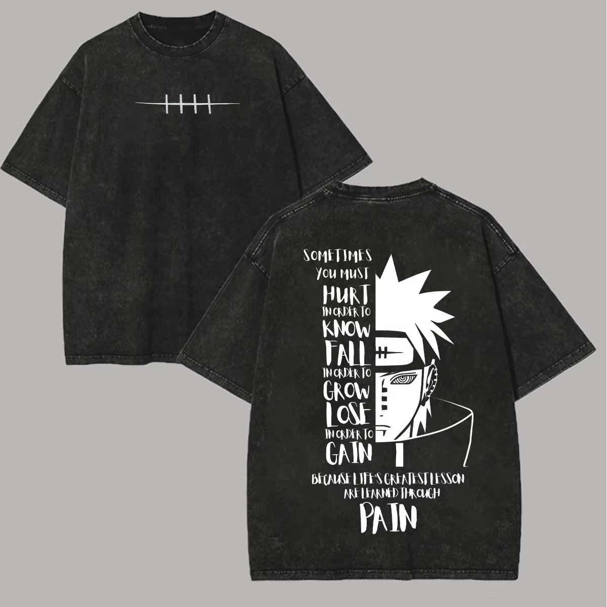 T-shirt Naruto pour homme, effet délavé, imprimé dos, citation Yahiko, motif anime, en coton, street