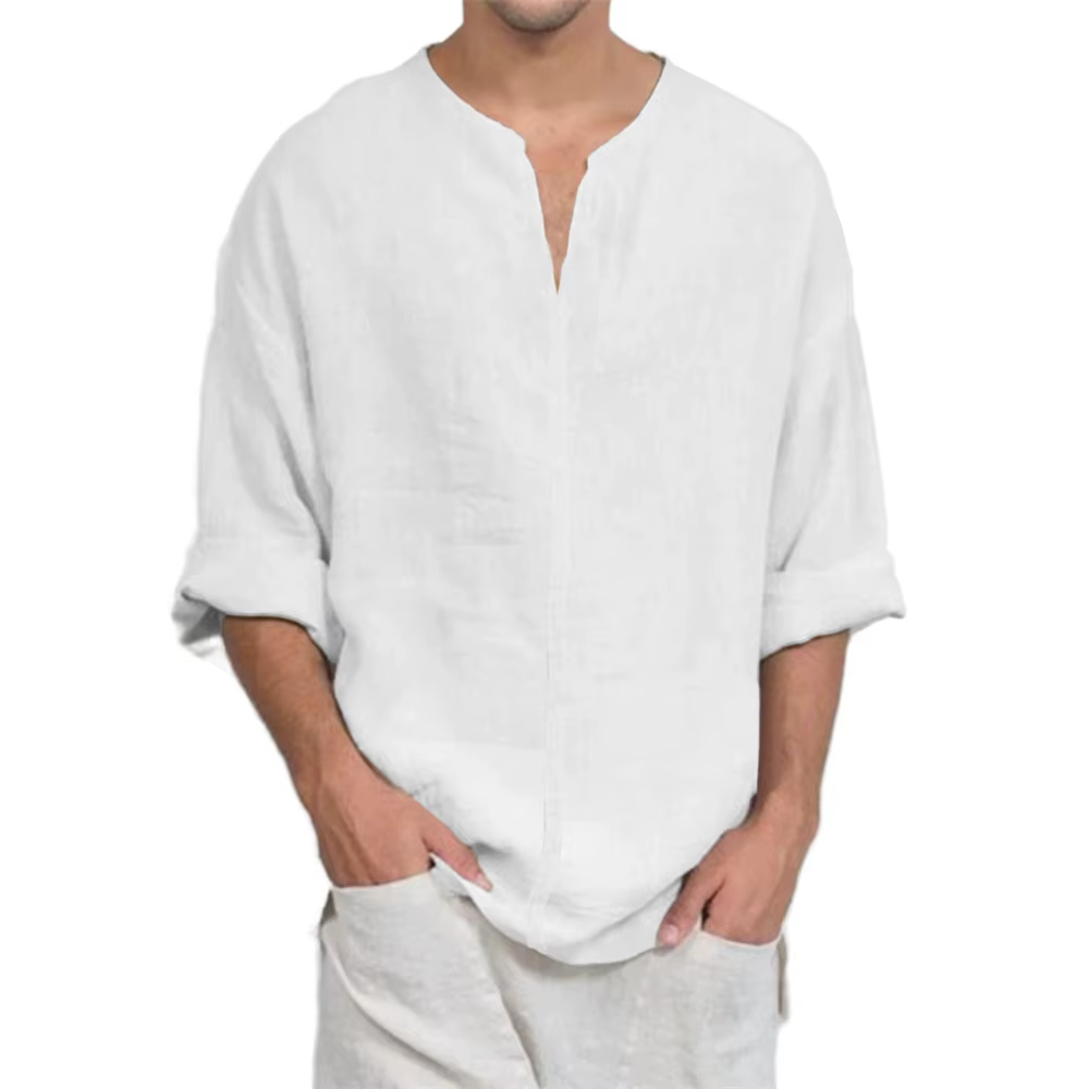 T-shirt à manches longues et col en v pour hommes, en coton et lin, décontracté, couleur unie, léger