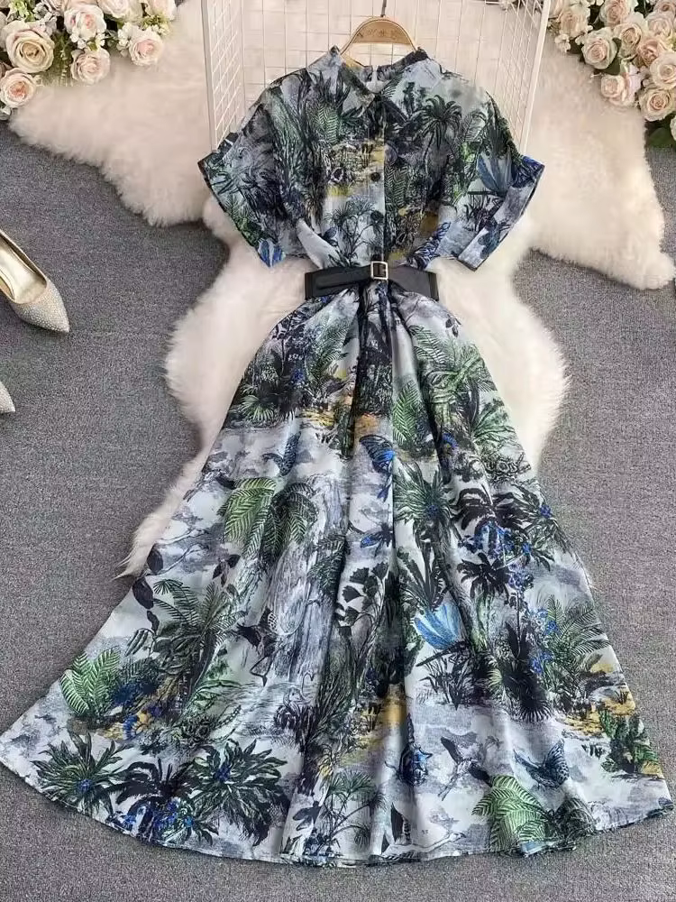 Robe de Soirée Vintage Française, Col Chemise d'Été, Manches Courtes, Imprimé Floral Élégant, Taille