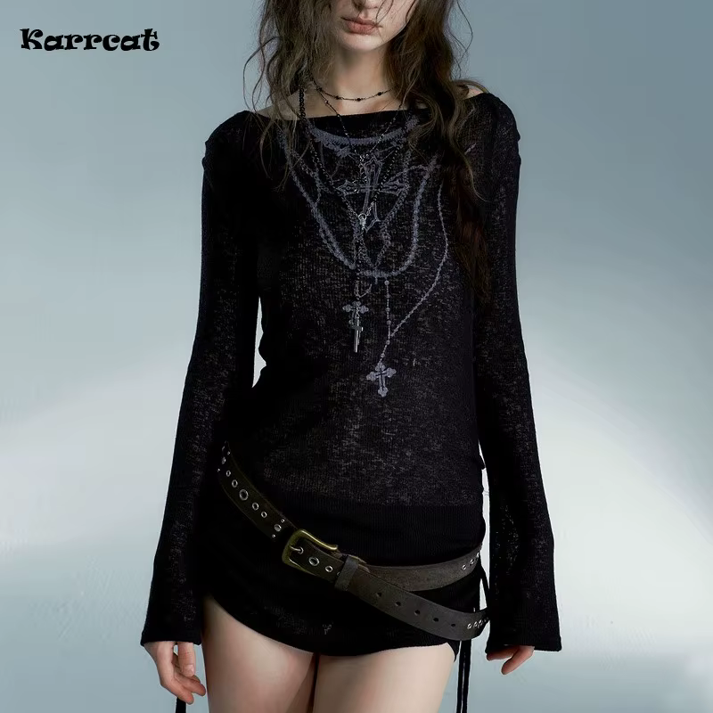 Karrcat Grunge esthétique tricoté hauts Vintage tatouage impression T-shirt Wasteland Punk noir côte