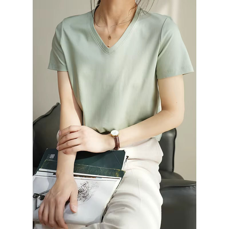 T-shirts d'été en coton mercerisé pour femmes, en soie, col rond, manches courtes, amples et droits,