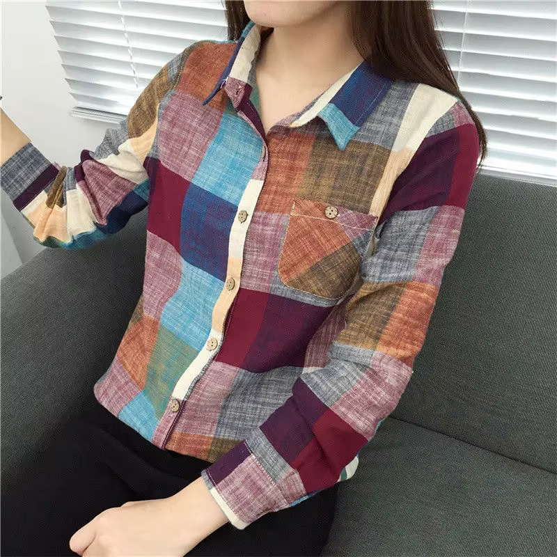 Chemise à carreaux en coton et lin pour femmes, coupe cintrée, manches longues, Protection solaire f