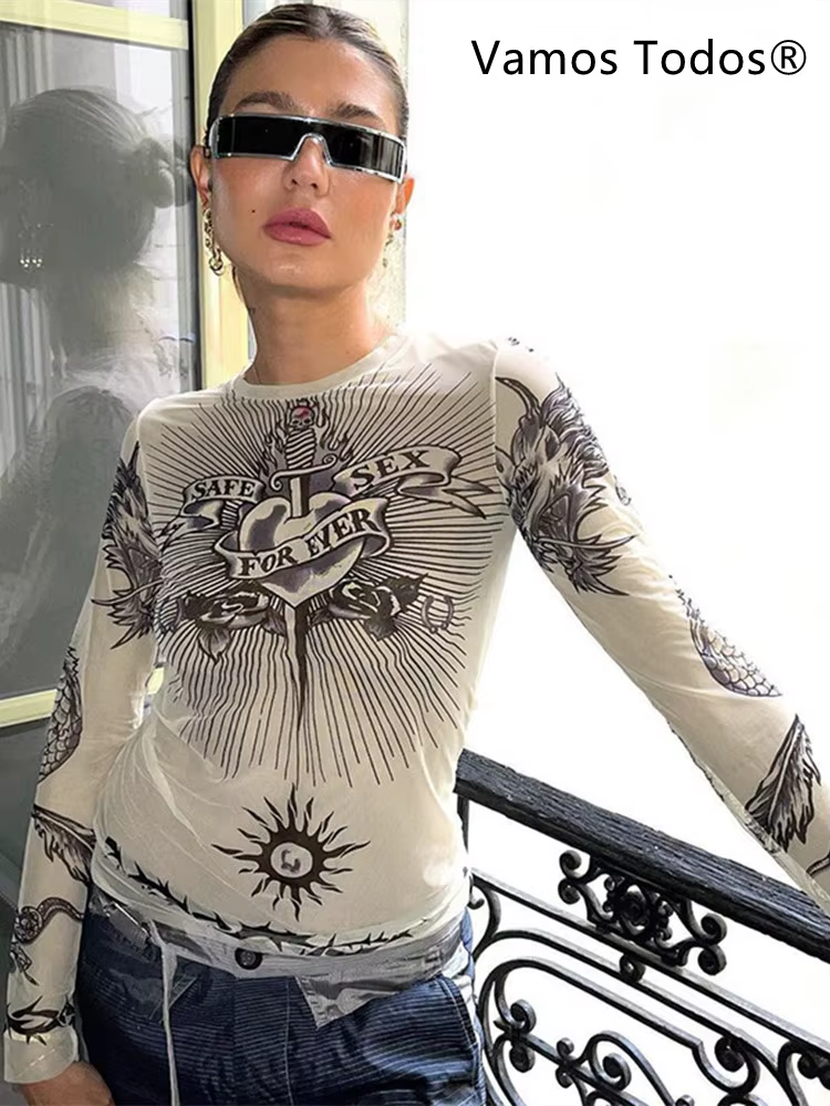 Y2k Esthétique Punk Vêtements Graphique T-shirts Femmes Gothique Mode Manches Longues Femme T-shirts