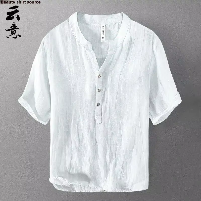 T-shirt en lin pur à manches courtes pour homme – Col en V décontracté, coupe ample et légère, style