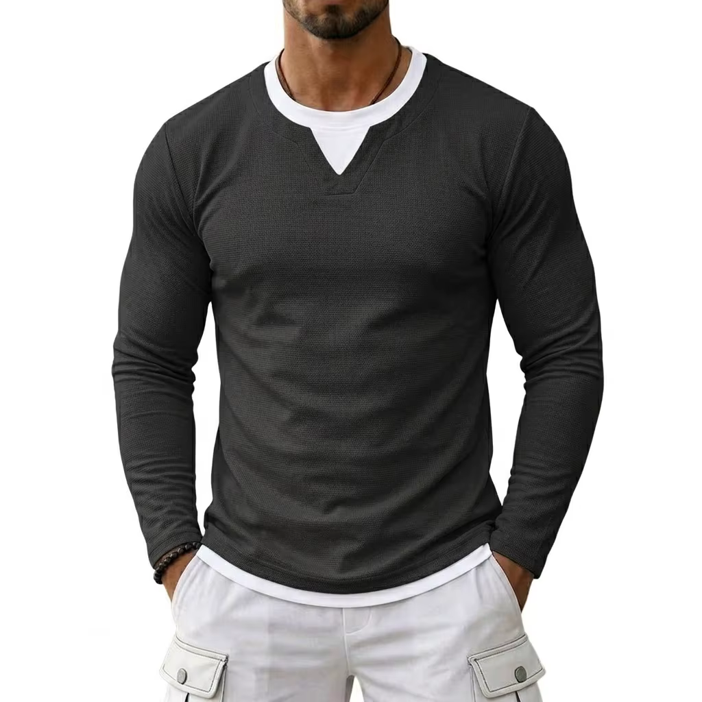 T-shirts de luxe à manches longues pour hommes – Marques décontractées, col gaufré, respirants, mail
