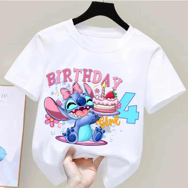 T-shirt d'anniversaire Lilo & Stitch pour enfants de 1 à 9 ans, chemise en coton à col rond avec imp
