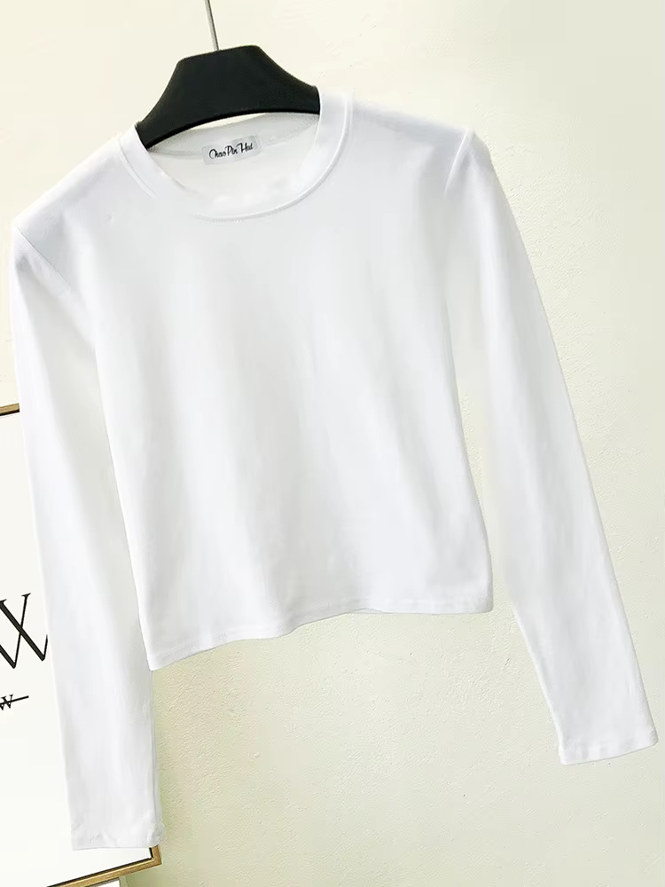 Vêtements en coton noir sexy pour femmes, col rond, manches longues, nombril, base d'automne, mode d