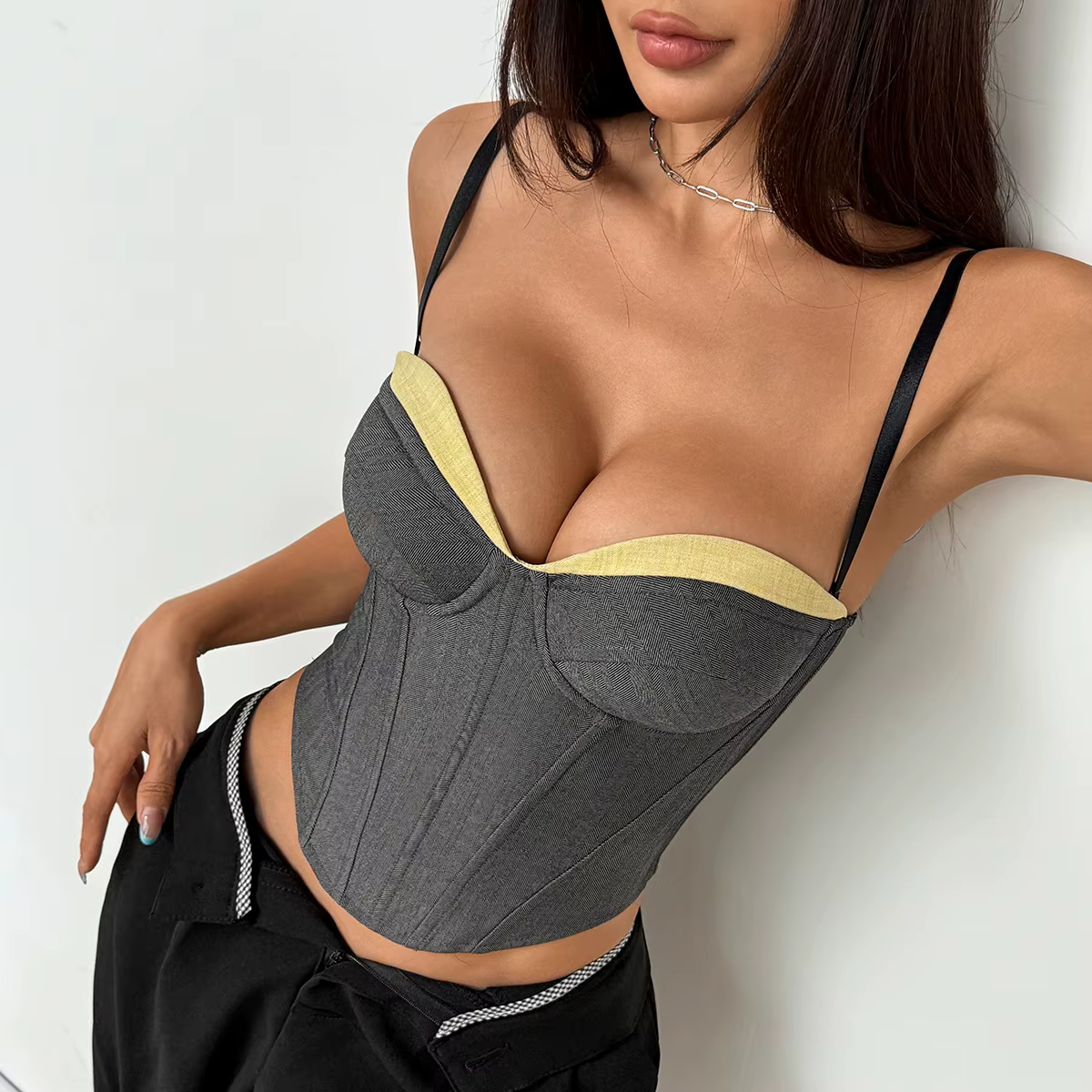 Top sans manches rétro tendance pour femmes, sexy, patchwork, coupe ajustée, corset à armature, bust