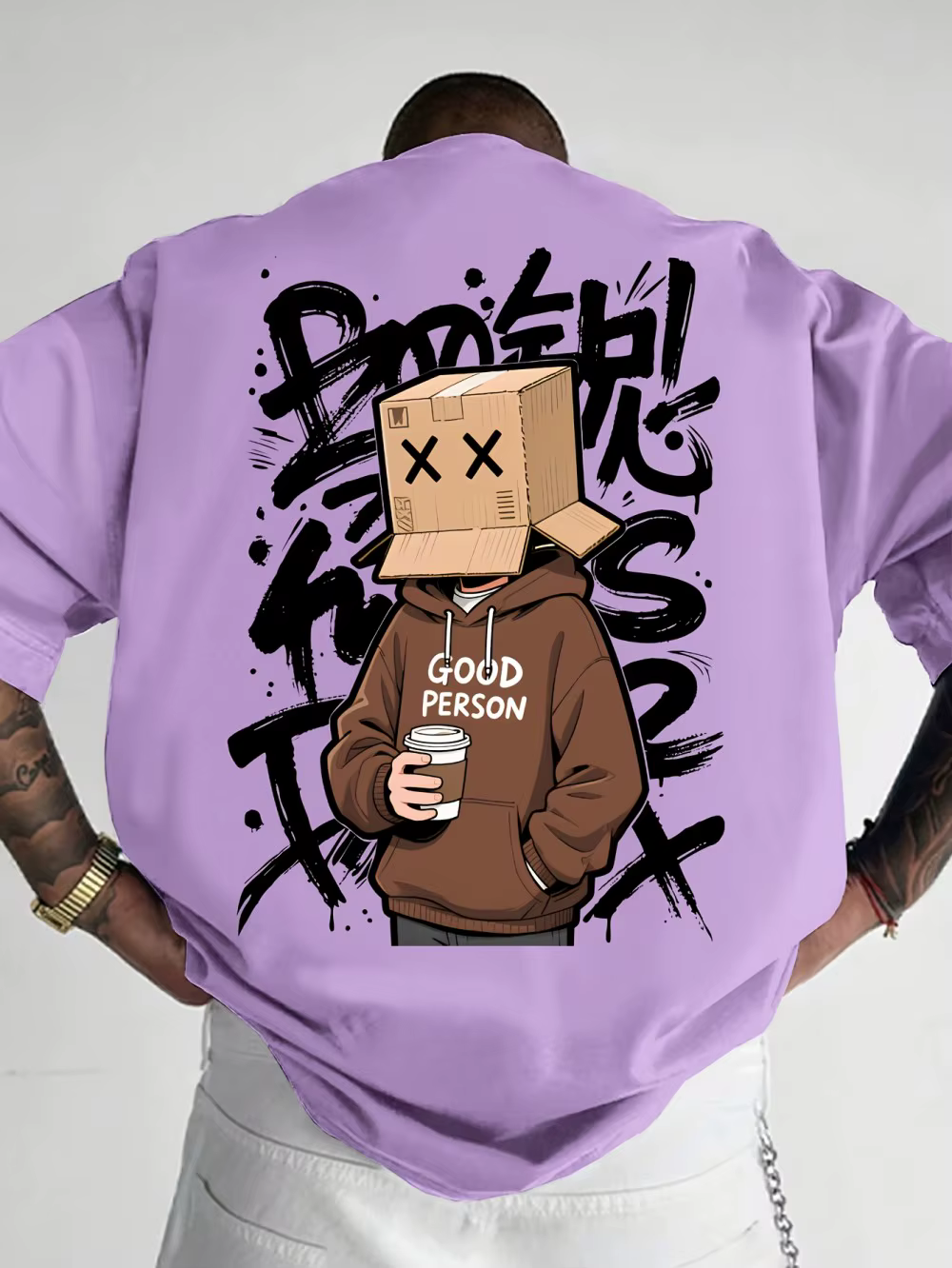 T-shirt col rond pour hommes, confortable et respirant, avec lettres de personnage de dessin animé a