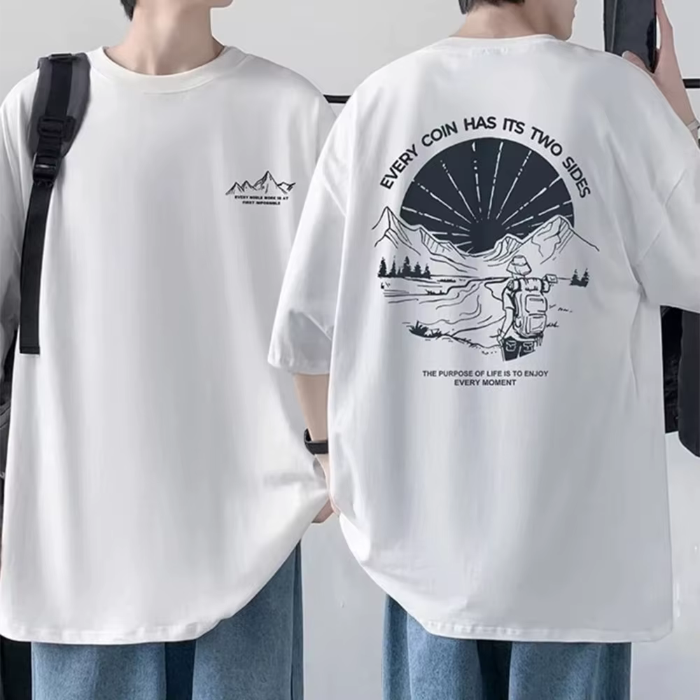 T-shirt en coton imprimé à manches mi-longues pour hommes, t-shirts décontractés à col rond, devant 