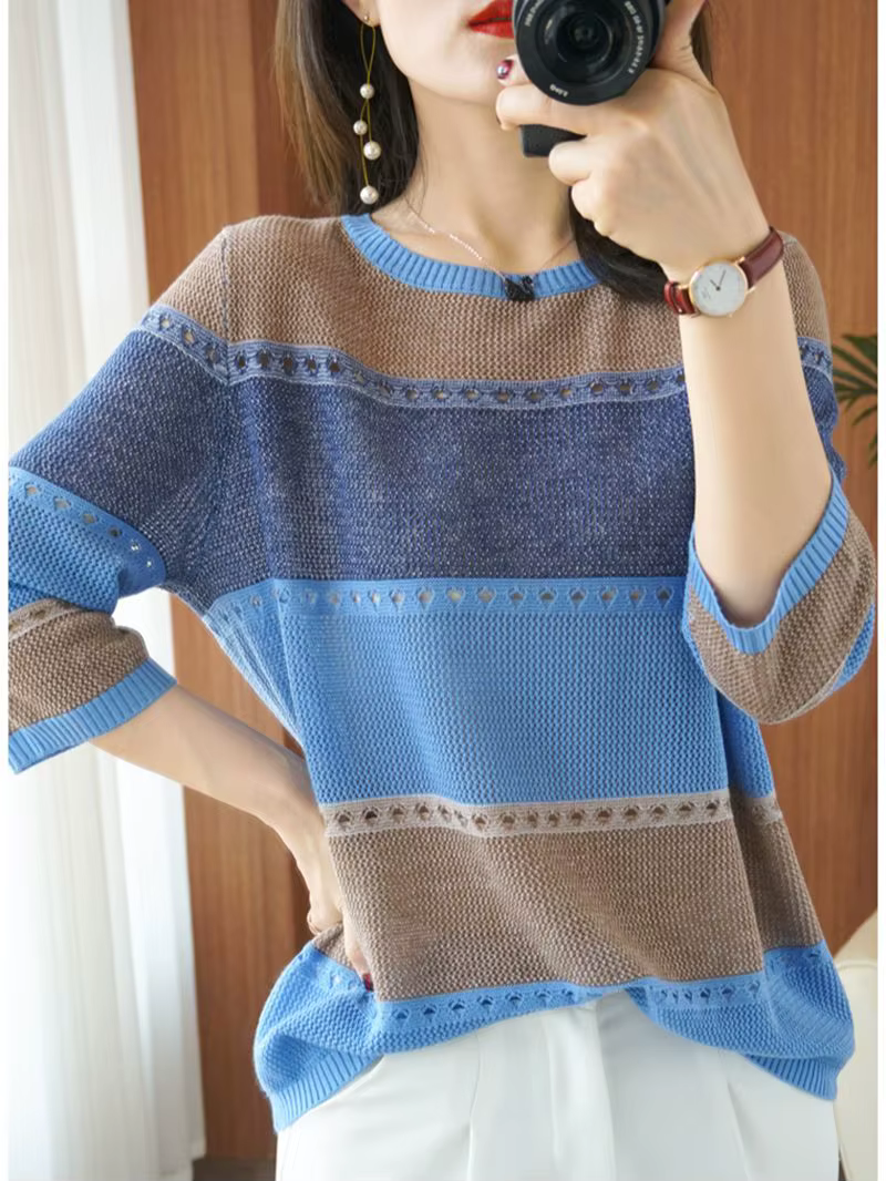 Pull fin tricoté à manches courtes pour femme, col roulé ajouré, en coton, coupe ample, collection é