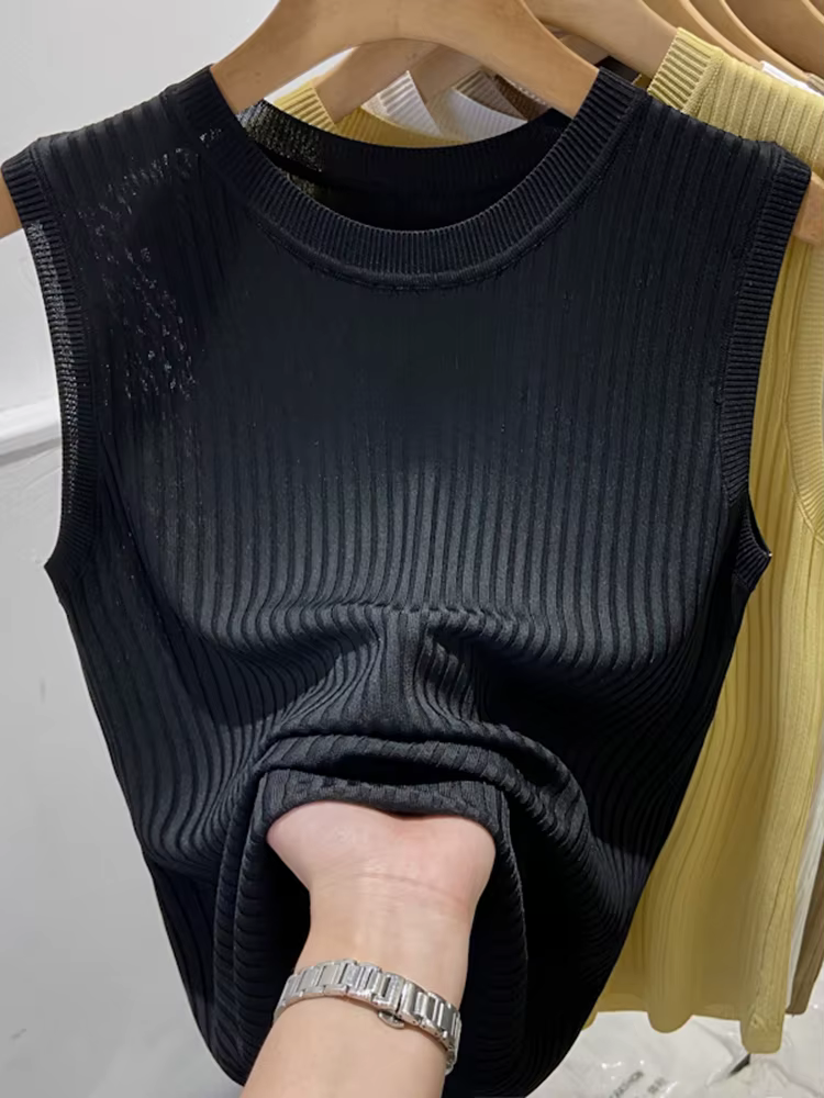 Débardeurs en tricot coréens pour femmes, hauts décontractés fins sans manches à col en V, couleur u
