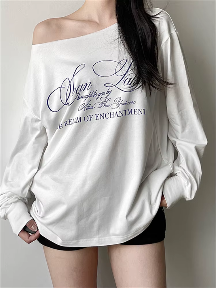 Sisterlinda quotidien Style polyvalent T-Shirts femmes lettre impression épaule inclinée manches lon
