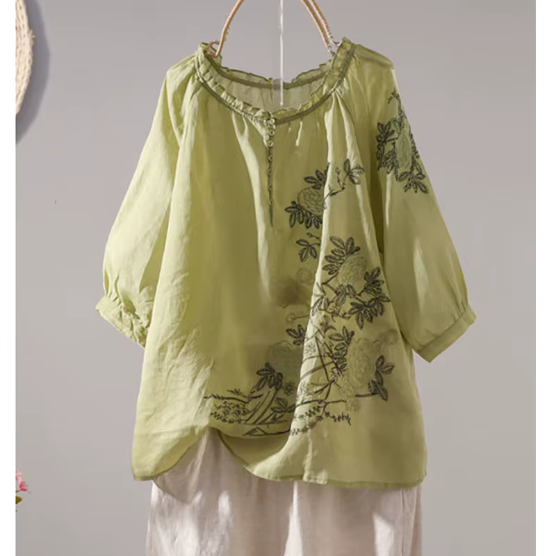 T-shirts à col volanté et boutons, broderie vintage, vêtements pour femmes, printemps été, nouveaux 