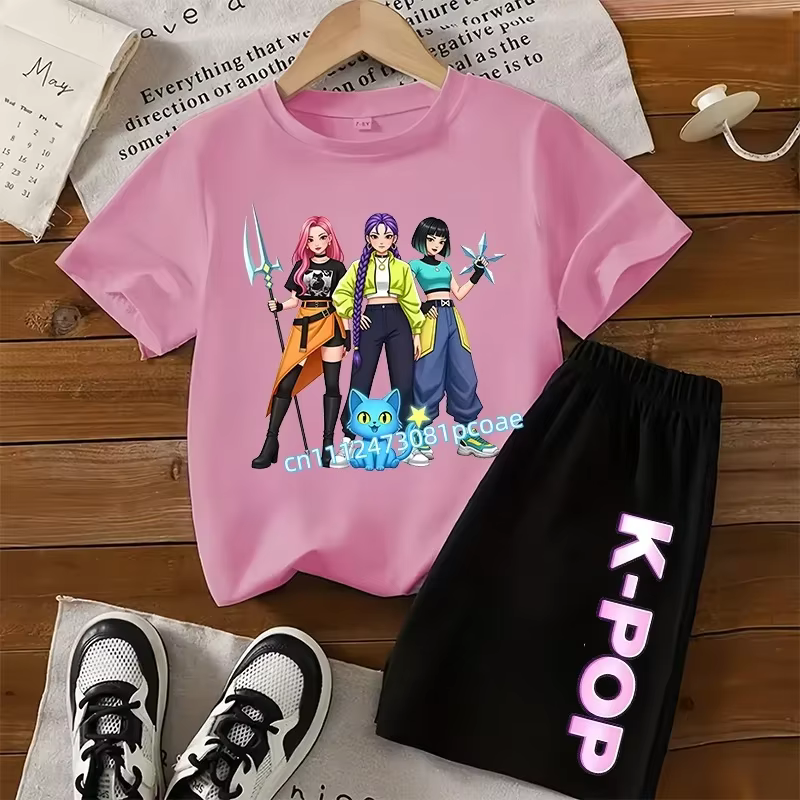 Ensemble en coton à manches courtes pour enfants K-POP - T-shirt de sport pour filles avec imprimé d