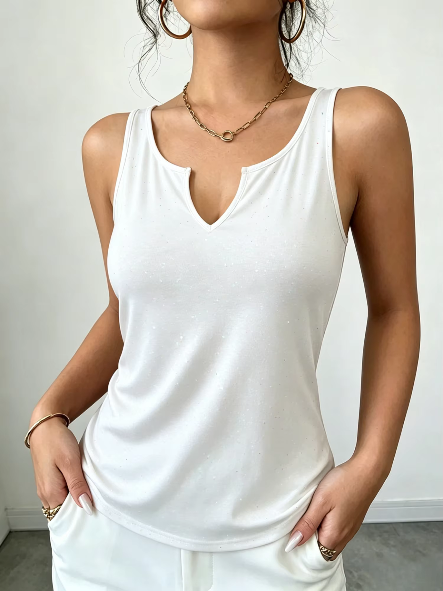 Débardeur Femme Scintillant à Encolure Crantée, Imprimé, Coupe Ample, Chic et Décontracté, Vêtements