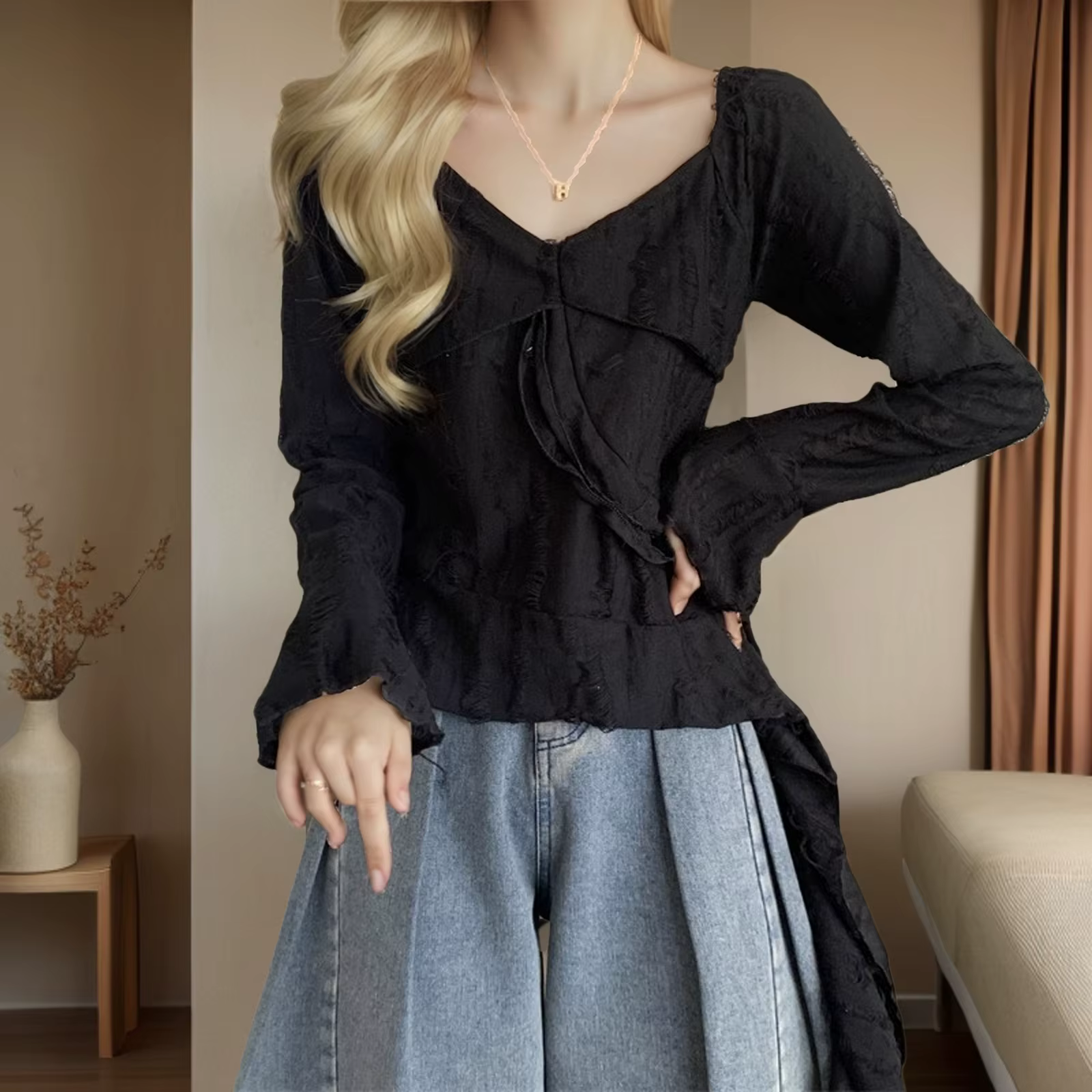 Nouveau T-Shirt à manches longues femmes automne américain Vintage en détresse conception Unique hau