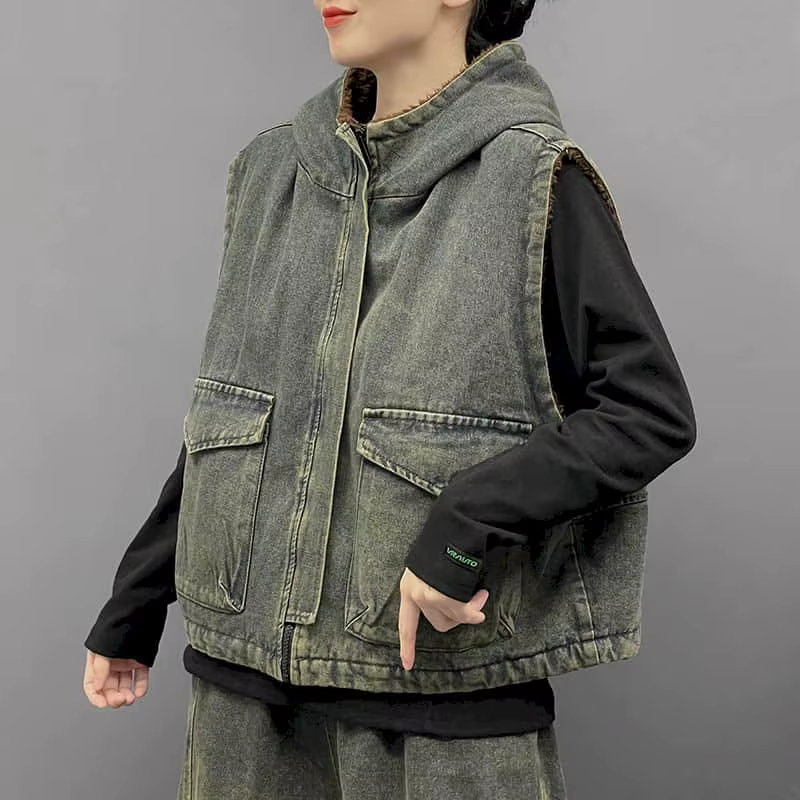 Gilets en Denim pour Femme, à Capuche, Style Coréen, Décontracté