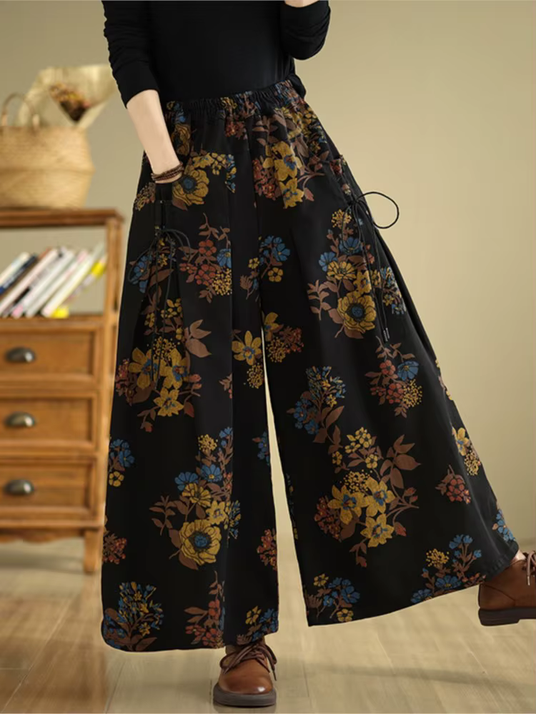 Jean rétro automne fleur imprimé fleuri mode élastique taille haute dames pantalon surdimensionné lo