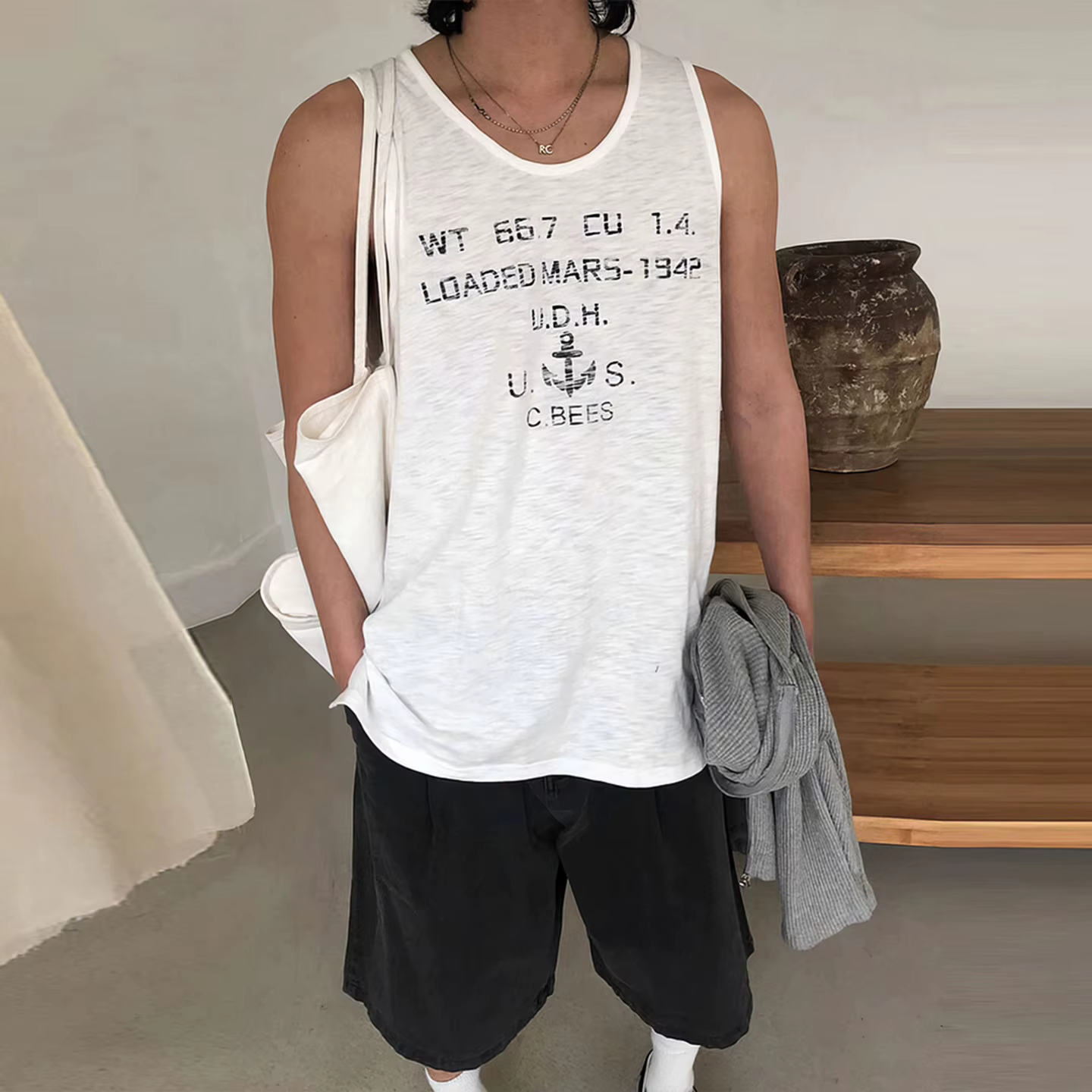 Débardeur Homme Style Américain Imprimé Lettres Ancre, T-shirt Sans Manches Décontracté et Ample pou