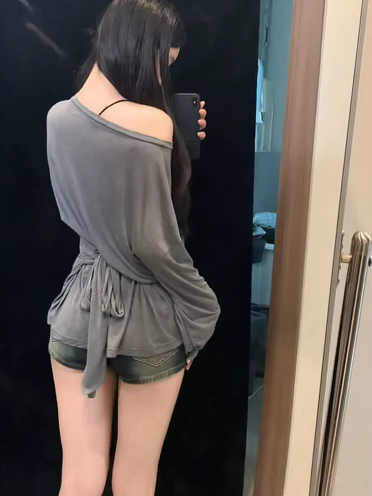 Voir à travers la manches longues surdimensionné t-shirt femmes Sexy dos pansement épaules nues haut