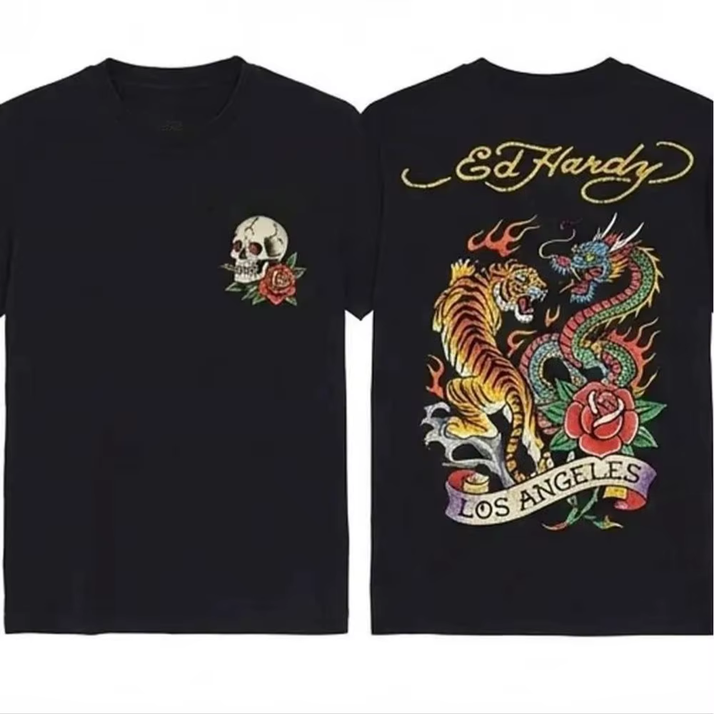 T-shirt pour homme avec imprimé style tatouage tigre et dragon, design original Ed Hardy pour les ho
