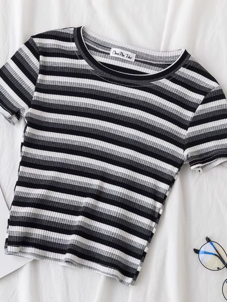 T-shirt à rayures arc-en-ciel pour femmes, haut à manches courtes, vêtement estival et slim, marque